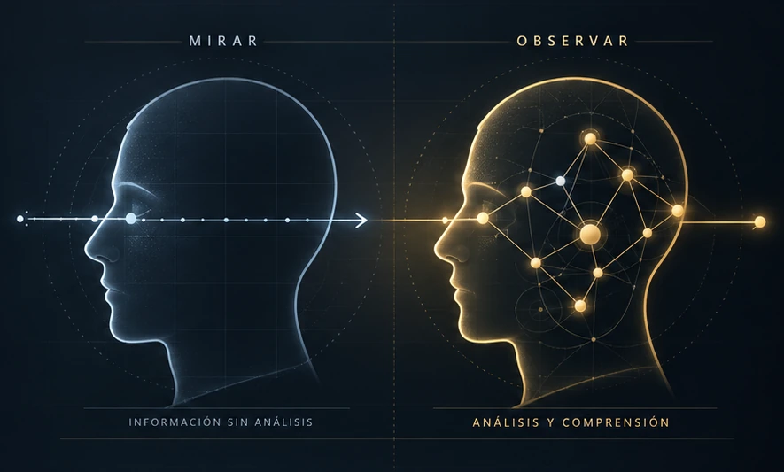 Comparación entre mirar y observar: dos perfiles humanos, uno con información que pasa sin analizar y otro con conexiones internas que representan el análisis y la comprensión.